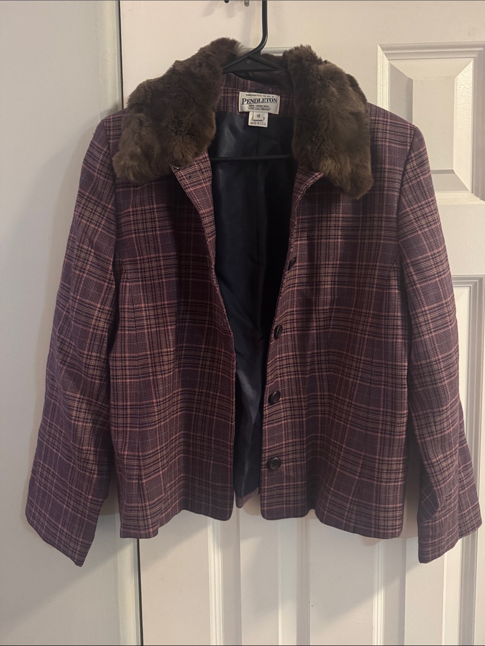 Vintage Pendleton Purple Plaid Virgin Wool Blazer and Skirt, Rabbit Fur Collar